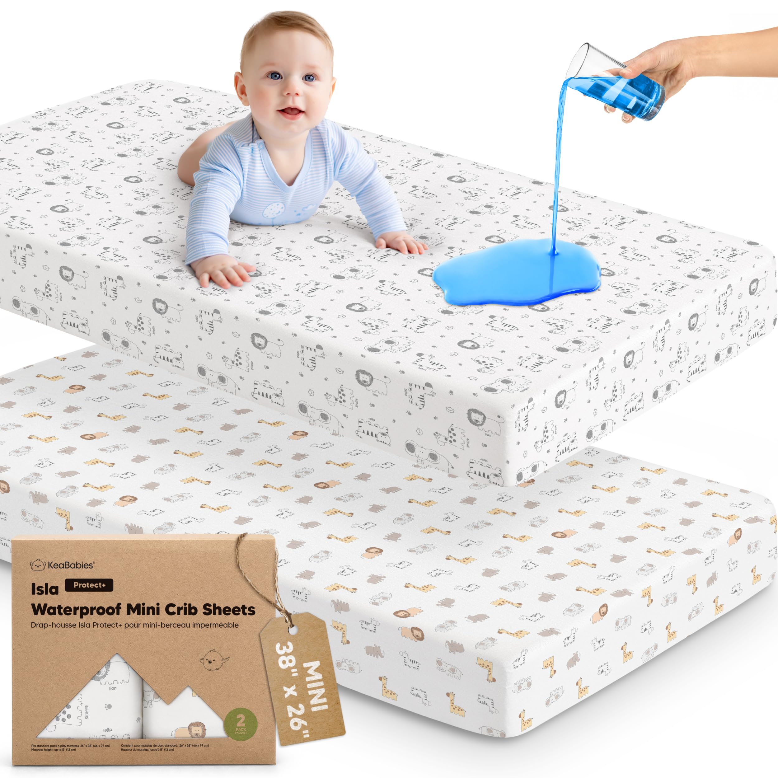 Photo 1 of 2-Pack Waterproof Pack and Play Sheets, Mini Crib Sheets Fitted for Boy, Girl - 38 x 26 Viscose from Bamboo Pack N Play Mattress Sheets for Graco, Toddler Playard Baby Crib Sheets Neutral (KeaSafari)