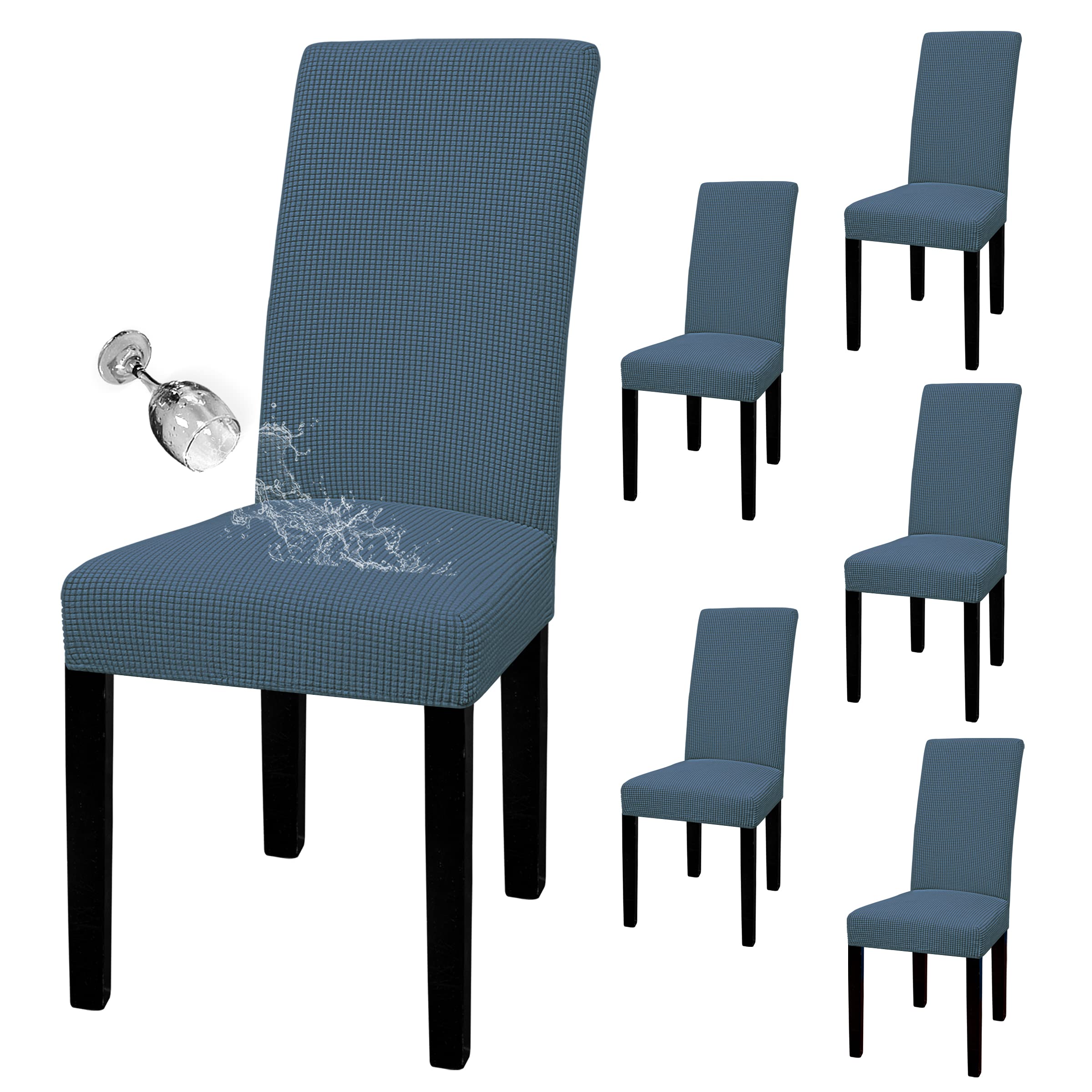 Photo 1 of Easy-Going 100% Waterproof Dining Room Chair Cover Set of 6, Stretch Jacquard Parson Chair Slipcover Removable Washable Chair Protector for Home, Restaurant, Banquet (Large, Bluestone)