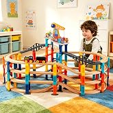UDEAS 120Pcs Wooden Train Set with Motorized Train, Major Brand Compatible | 398" Track Expansion, natural wood gift for kids 3+; 4 play themes: magnetic crane, airport, bridge &amp; electric train