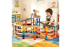 UDEAS 120Pcs Wooden Train Tracks Set, 398-inch Track Expansion, Toddler Railway Bridge Toy Train Set with Airplane and Magnet