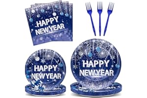 QYEAHKJ 100PCS Happy New Year Party Plates and Napkins Party Supplies Blue 2026 New Year's Eve Platters Dessert Cake Tableware Set Party Decor Favor for New Year Evening Party Celebration Decoration Serves 25