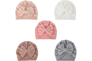 DRESHOW BQUBO 5 Pieces Newborn Baby Turban Hats Bow Baby Infant Beanie Breathable Toddler Cap for Baby Girls
