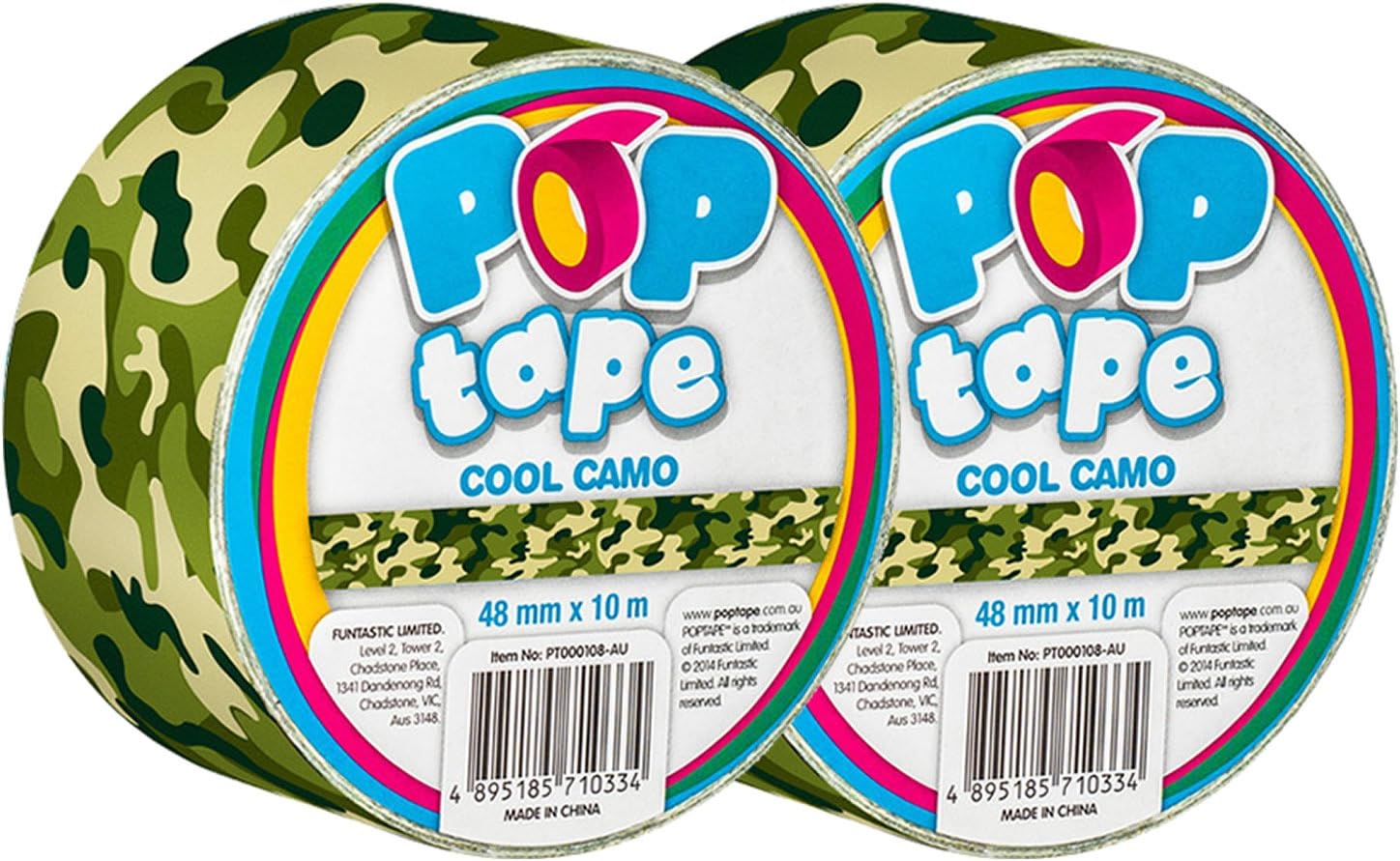 Pop Tape Cool Camoflage Decorative Printed Duct Tape Set of 2 Rolls, 48mm x 10m Wide Vinyl Plastic Gaffer Sticky Tape, Self Adhesive & Pressure Sensitive for Creative Crafts Green/Multi Coloured