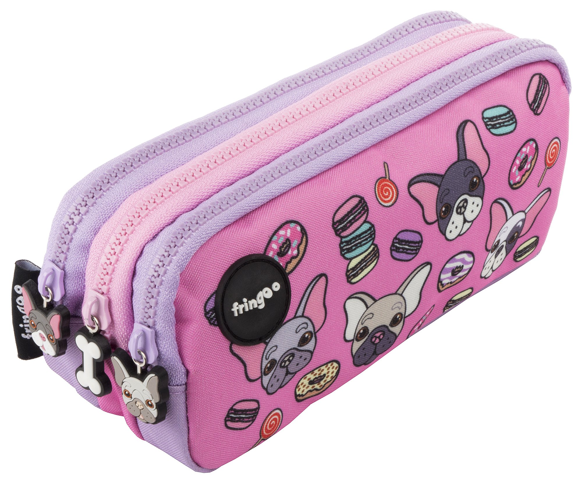 Fringoo® 3 Compartment Pencil Case for Kids School Stationery Holder Funny Cute (Pugs & Sweets - 3 Compartments)