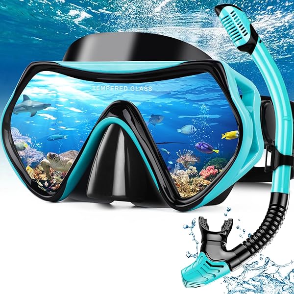 Schnorchelset Erwachsene Anti-Fog Taucherbrille mit 180° Panorama Sichtfeld, Dry Top Schnorchel 3-Kanal System, Auslaufsichere Tauchmaske aus gehärtetem Glas für Tauchen Schwimmen, Hydomi