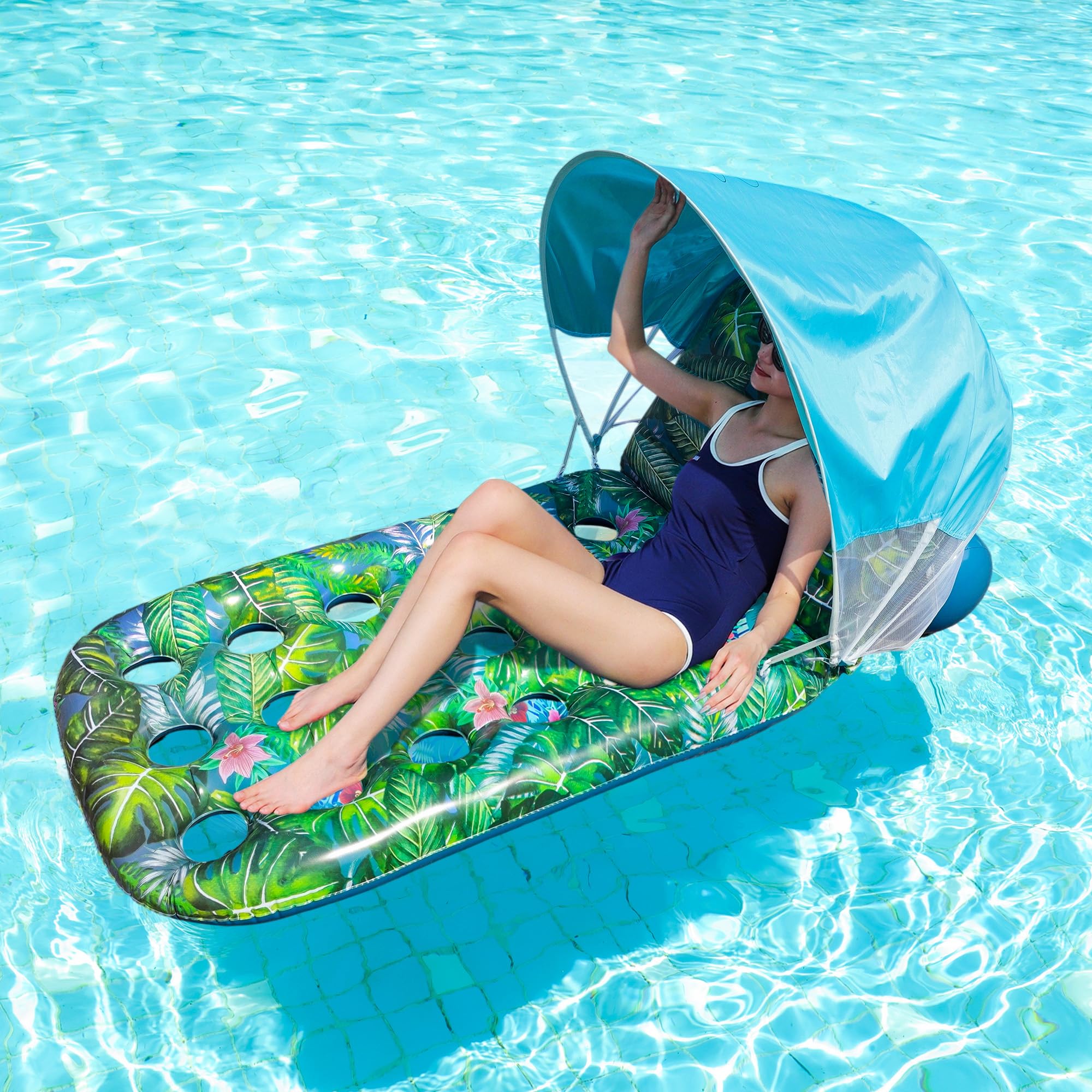 Photo 1 of ***FACTORY SEALED***FindUWill Pool Floats Adult with Canopy & Backrest?74" Large Inflatable Lounger Float, Floaties Toys for Sunbathing, BBQ, Poolside Party, Beach Vacation (Monstera Green)