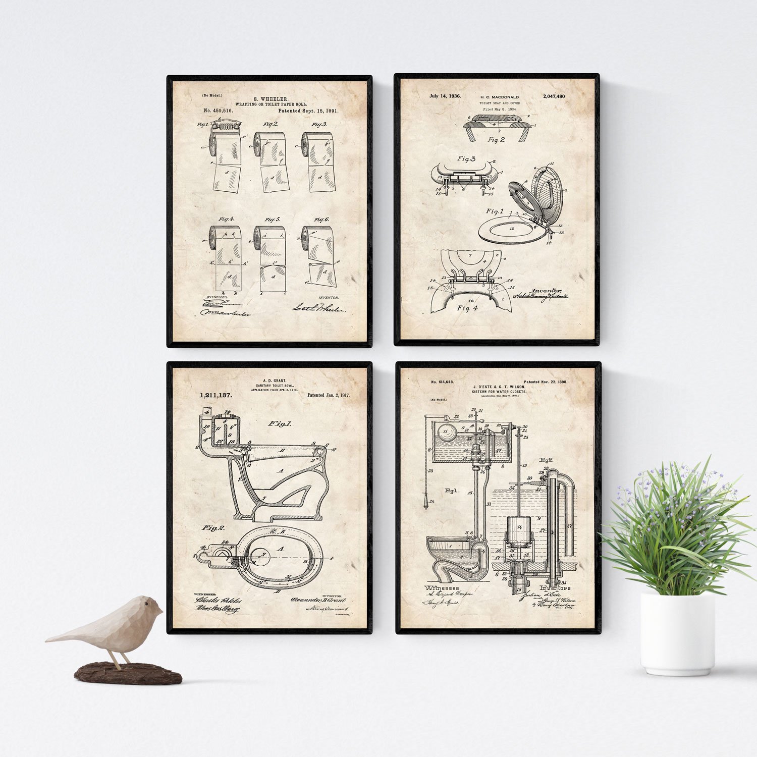 Nacnic set of 4 sheets with patents toilet | set posters of inventions old patents on rolled toilet paper on brown beige background | a4 size | decoration for room, walls, office, business...