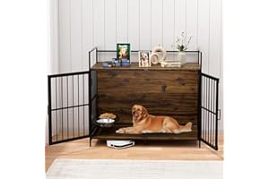 LOVMOR Dog Cage Furniture with Rotating Feeder Bowls, Dog Kennel Indoor with Cushion, Dog Crates for Large Dogs, 48" L X 30" W 43" H, Rustic Brown
