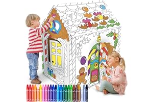 ArtCreativity Gingerbread House Craft Kit for Kids with 24 Butter Crayons - Black and White Gingerbread Cardboard Playhouse to be Colored - Mess-Free Coloring Fun Kids Christmas Activities Ages 3-9