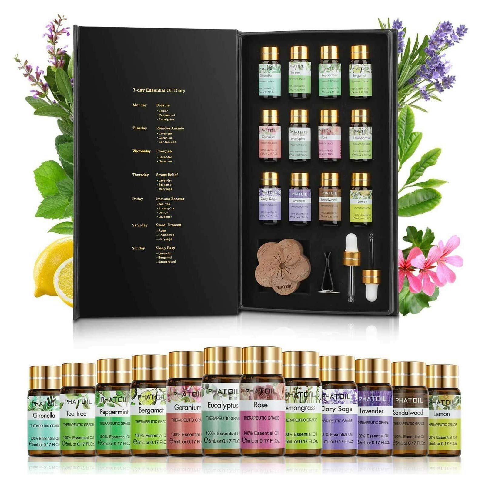 Buy PHATOIL Premium Essential Oils Set with Wood Diffuser 100 Pure