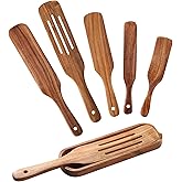 Wooden Spurtle Kitchen Utensils,QWKIT 6 Pcs Premium Natural Teak Wood Slotted Spurtle Spatulas Spoons Set for Nonstick Cookware Kitchen Cooking Heat Resistant Non Stick (with holder)
