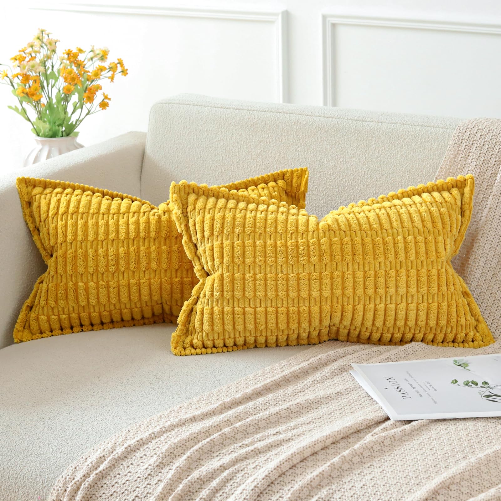 Artscope Mustard Yellow Cushion Covers Set of 2 Corduroy Decorative Square Striped Pillowcase with Stitched Edge Pillow Covers 40x60cm for Home Decor Sofa Bedroom Car