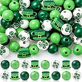160 Pieces St. Patrick's Day Wood Beads DIY Natural Green Polished Wood Spacer Bead Farmhouse Wooden Round Beads with Four leaf Clover Pattern for Patrick Day Home Party Decoration Crafts Making Decor