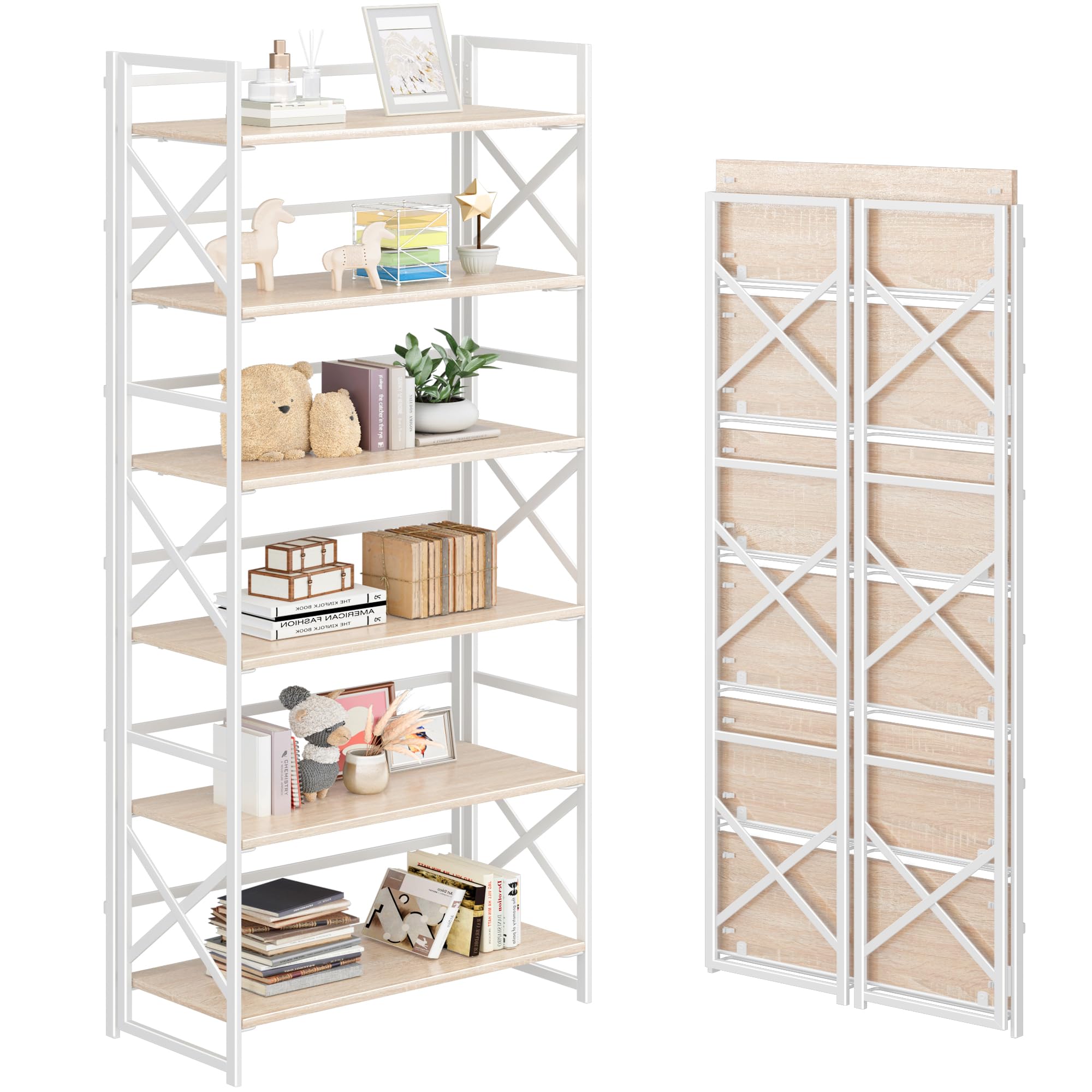 Photo 1 of 4NM 6 Tiers No Assembly Book Shelves, 61.8" H Folding Bookshelf Bookcase Open Industrial Foldable Shelves for Bedroom, Living Room, Home Office - Natural White
