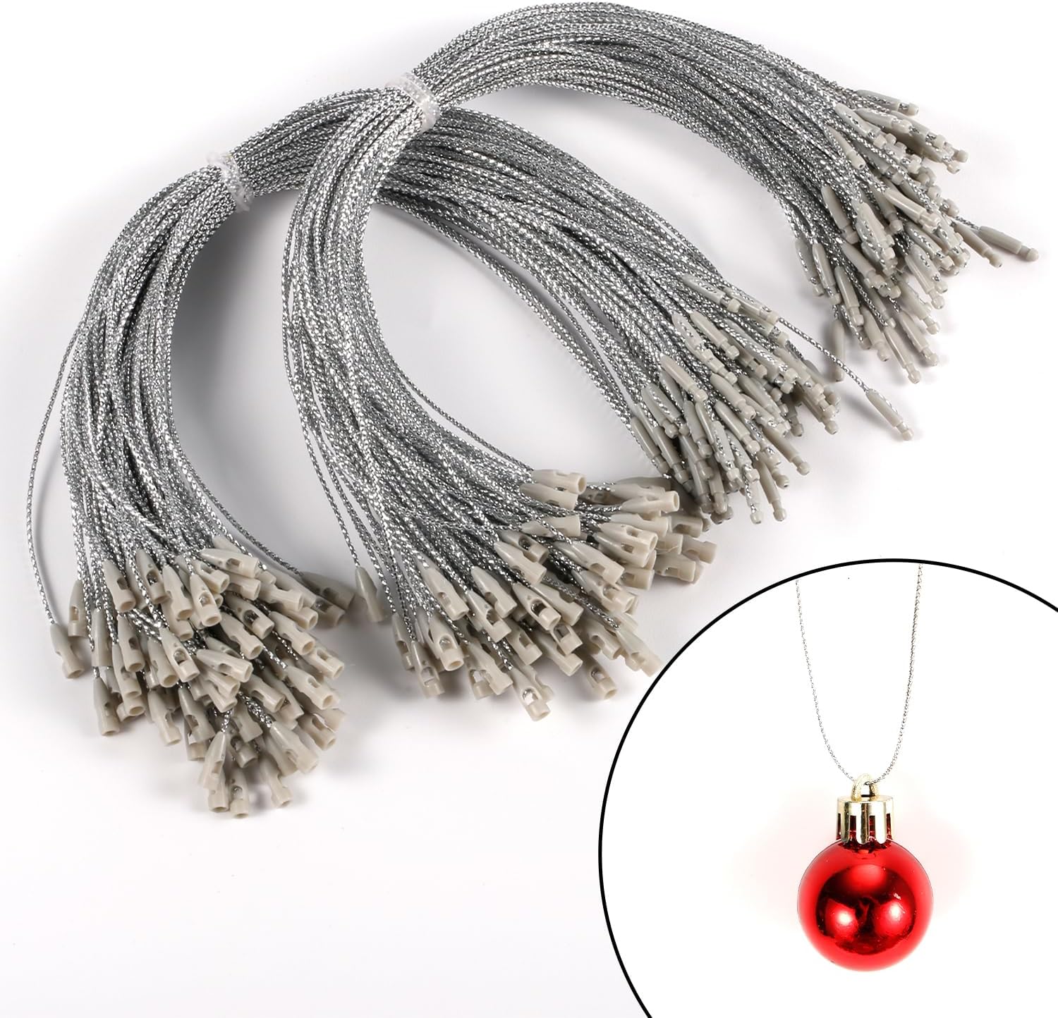 Ornament Hooks - 200pcs Ornament Hanger String, Silver Christmas Ornament String Hangers Plastic Ornament Snap Cord Hanging Strings for Decoration Christmas Tree Ornaments