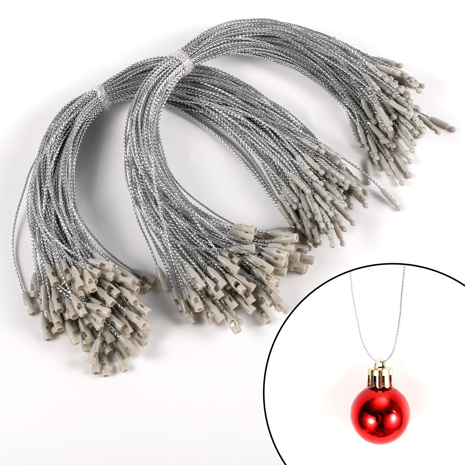 200pcs Ornament Hanger String, Silver Christmas Bauble String Hangers Plastic Ornament Snap Cord Hanging Ball Strings for Decoration Christmas Tree Ornaments