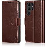 Belemay Wallet Case for Samsung Galaxy S25 Ultra, Two-Tone Genuine Leather [Durable & Protective] RFID Blocking Card Holders, Shockproof TPU Shell, Kickstand, Drop Protection Flip Cover 6.8", Brown