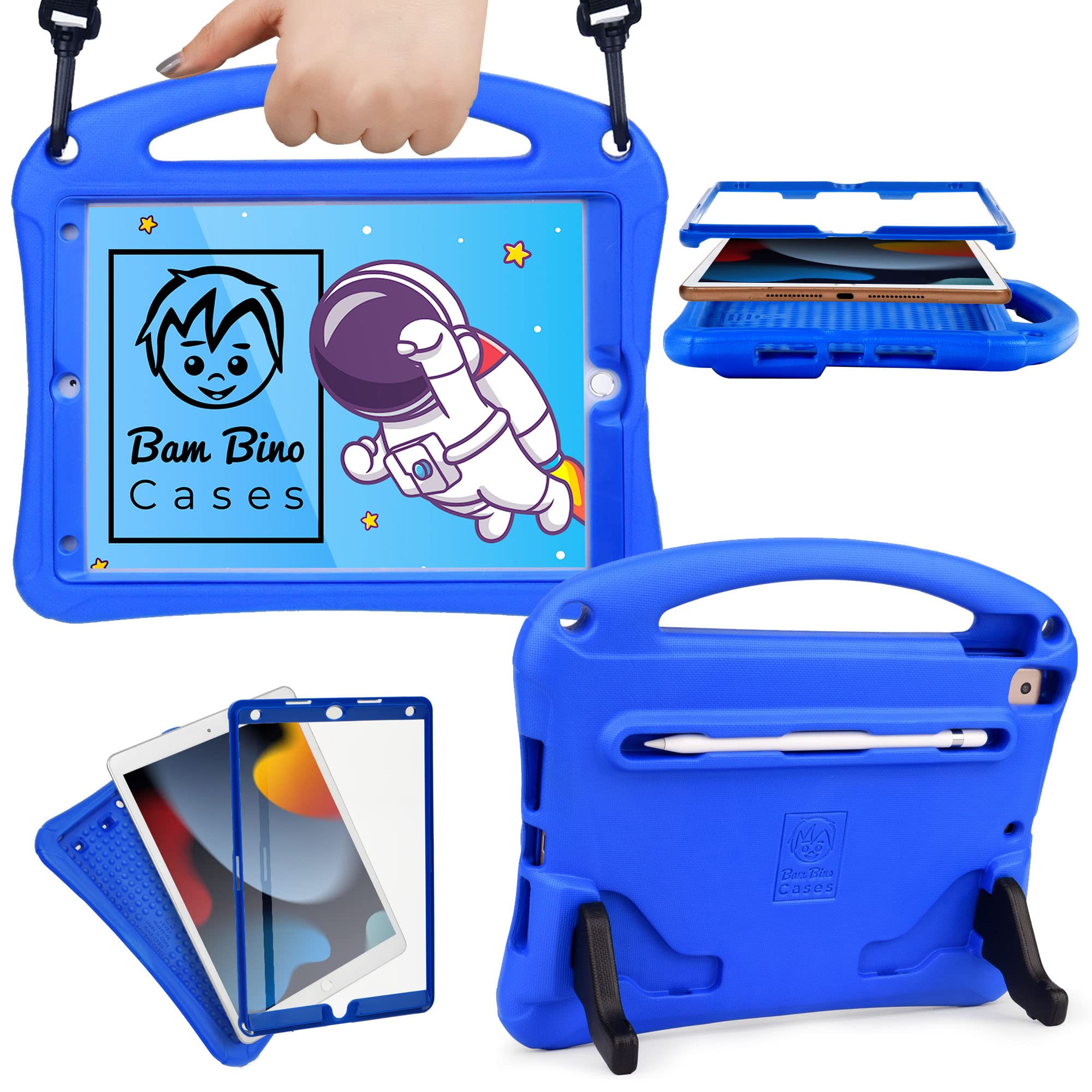 Bam Bino Space Suit iPad 9th Generation Case Kids, iPad 8th/7th (2021/2020/2019) 10.2 inch iPad Case, Lightweight Shockproof with Screen Protector, Shoulder Strap, Handle, Stand (Galactic Blue) — image 1