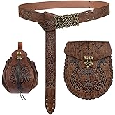 EpicCos 3PCs Medieval Embossed Belt Pouch Set, Viking Buckle Belt Portable Side Bag, Faux Leather Cosplay Accessories (Brown B)