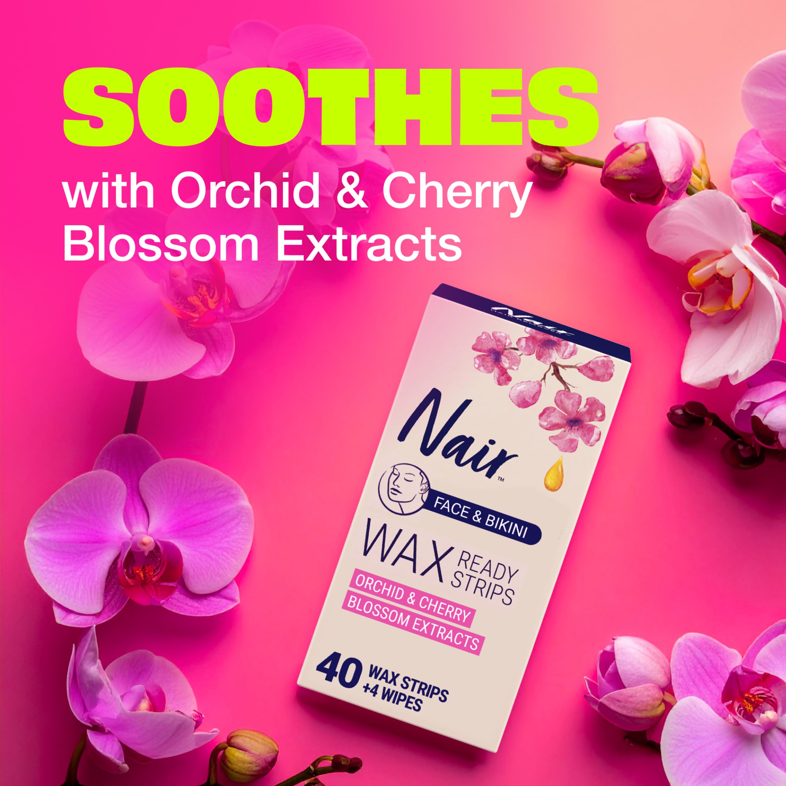 Nair Hair Remover Wax Ready Strips, Face and Bikini Hair Removal Wax Strips, Orchid and Cherry Blossom Extracts, Dermatologist Tested, Plus 4 Non-Flushable Post Wipes, 40 Count