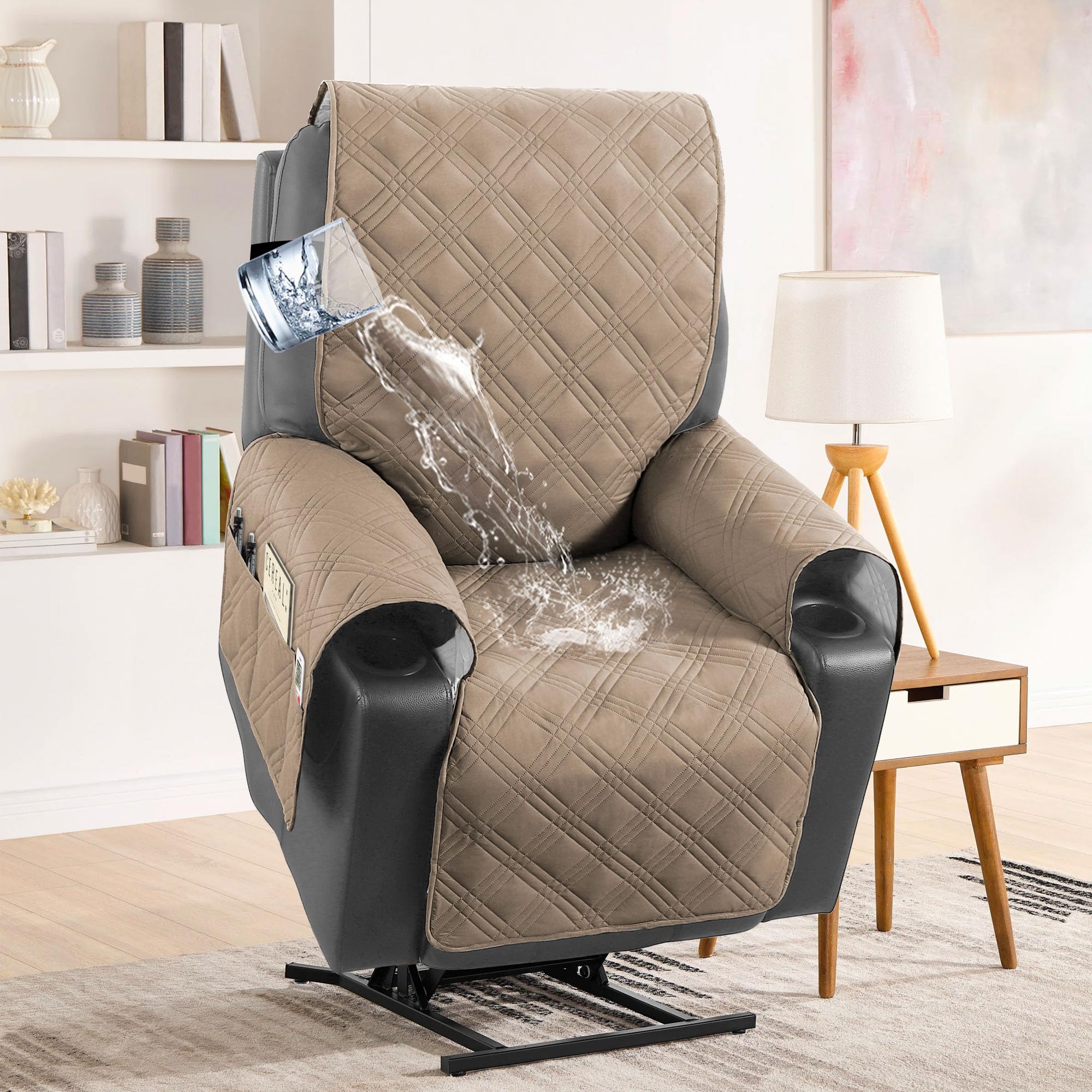 Photo 1 of H.VERSAILTEX 100% Waterproof Recliner Cover Electric Power Lift Recliner Chair Covers with Elastic Band Recliner Cover Fitted Standard Large Power Lift Recliner with Storage Pockets,Taupe/Beige