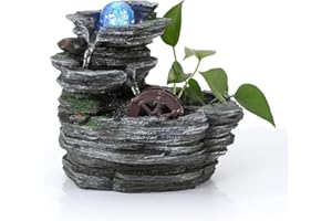 POWLAB Tabletop Water Fountain,Environmental Resin Meditation Waterfall,Desktop Fountain with Waterwheel,Indoor Waterfall Feature with Crystal Ball and Light for Home Office Decor Relaxation 10X7X11in