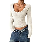 MakeMeChic Women's Fall Scoop Neck Cropped Sweater Long Sleeve Rib Knitted Pullover Tops
