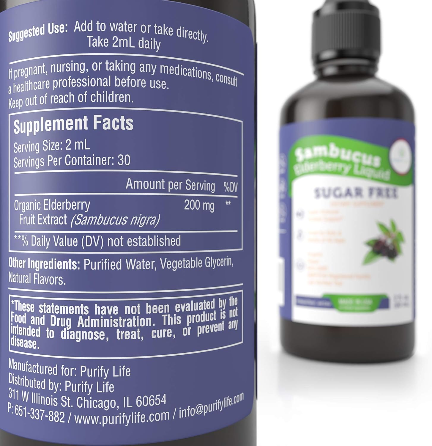 Purify Life Organic Elderberry Syrup Vegan Sambucus Nigra Liquid