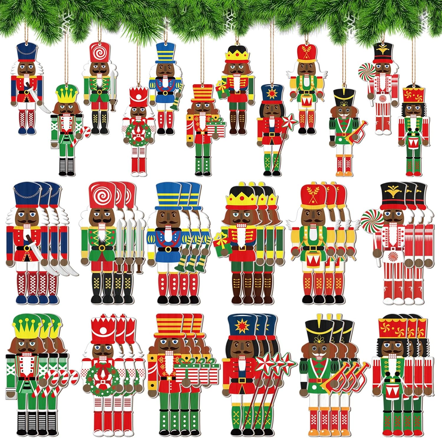 Nutcrackers - 36 Pcs African American Christmas Decorations Wooden Black Nutcracker Christmas Ornament Hanging Black Santa African American Xmas Decorations for Tree Home Kitchen Decor (Nutcracker Style)
