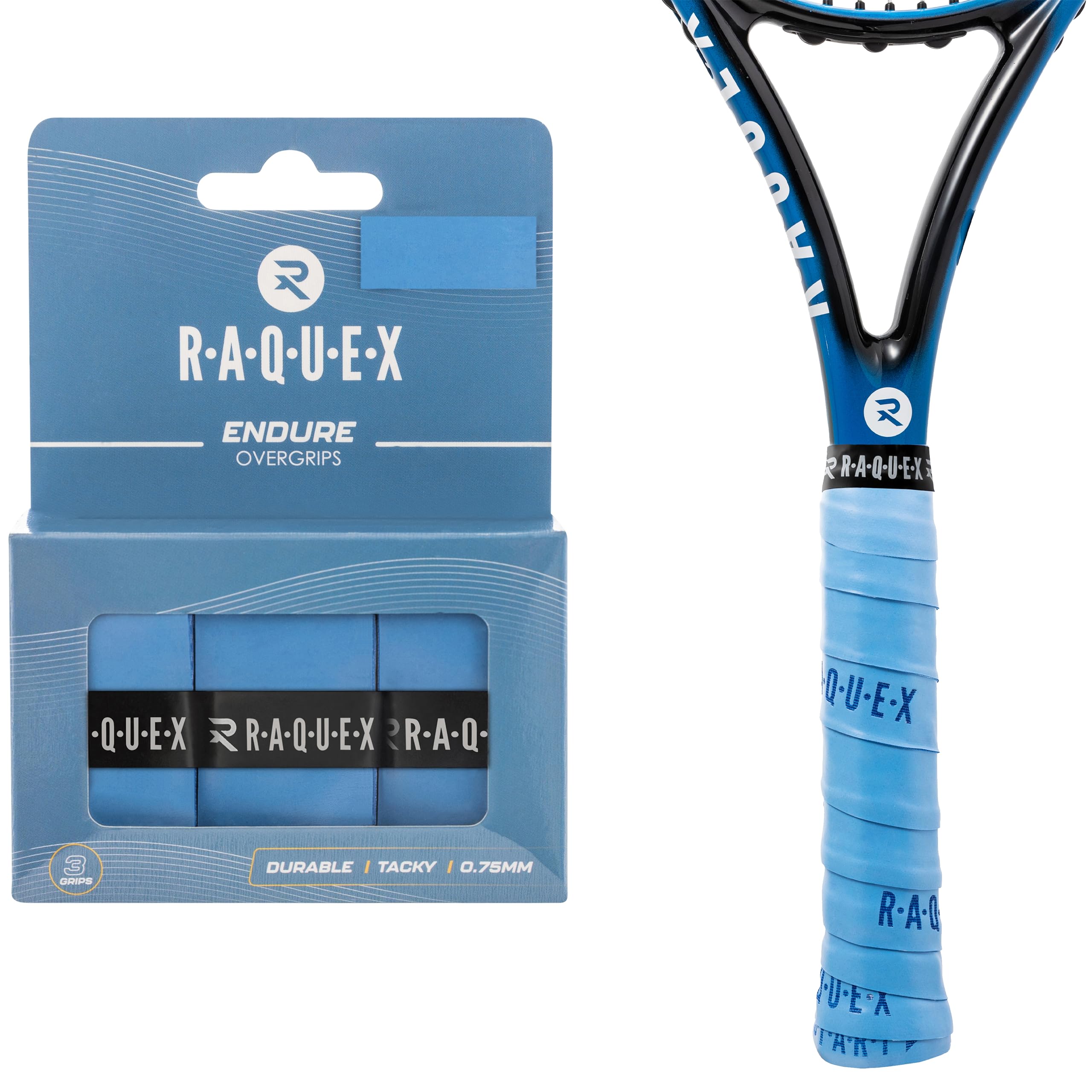 Raquex Endure Racket Overgrip Tape – 3 Pack Racquet Overgrip Tape, Durable, Dry Feel, 0.75mm Thickness - Anti Slip Over Grip for Tennis Racket, Badminton, Squash, Padel (Royal Blue)