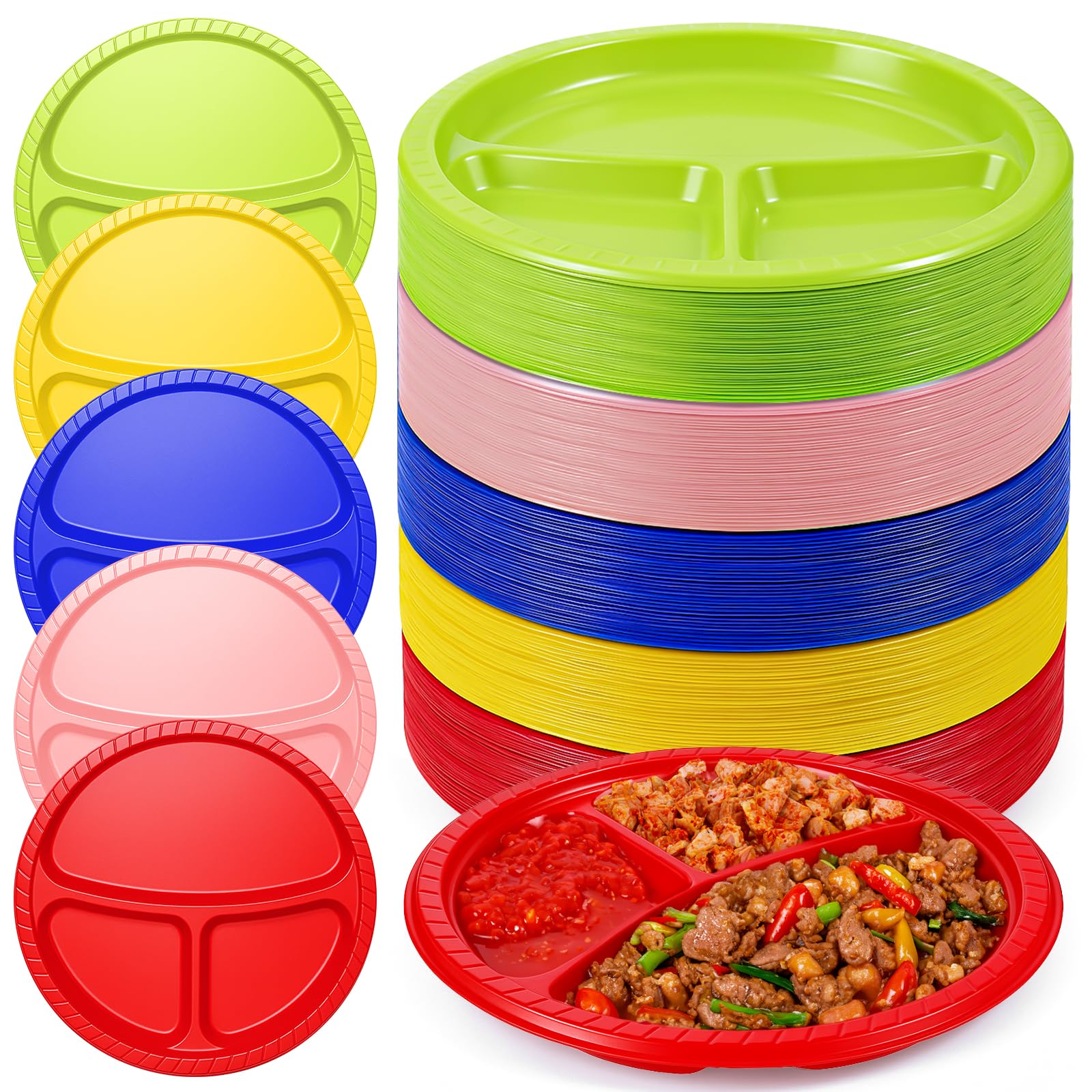 Photo 1 of 100 Pieces 3 Compartments Divided Plastic Party Plates, 5 Colors 10 Inch Round Dinner Plate Colorful Disposable Plastic Plates with Dividers for Valentine's Day Wedding Birthday Party Dinner Lunch