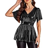 VIDUSSA Sparkly Peplum Tops for Womens - Ruffle Sleeve Blouse Wrap Metallic Glitter V Neck Shirts Party Tunic Tops