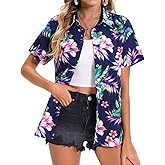 Mizvsitrd Womens Hawaiian Shirt Soft Cool Summer Hawaii Shirts Floral Tropic Print V Neck T-Shirt Short Sleeve Button Up Tops