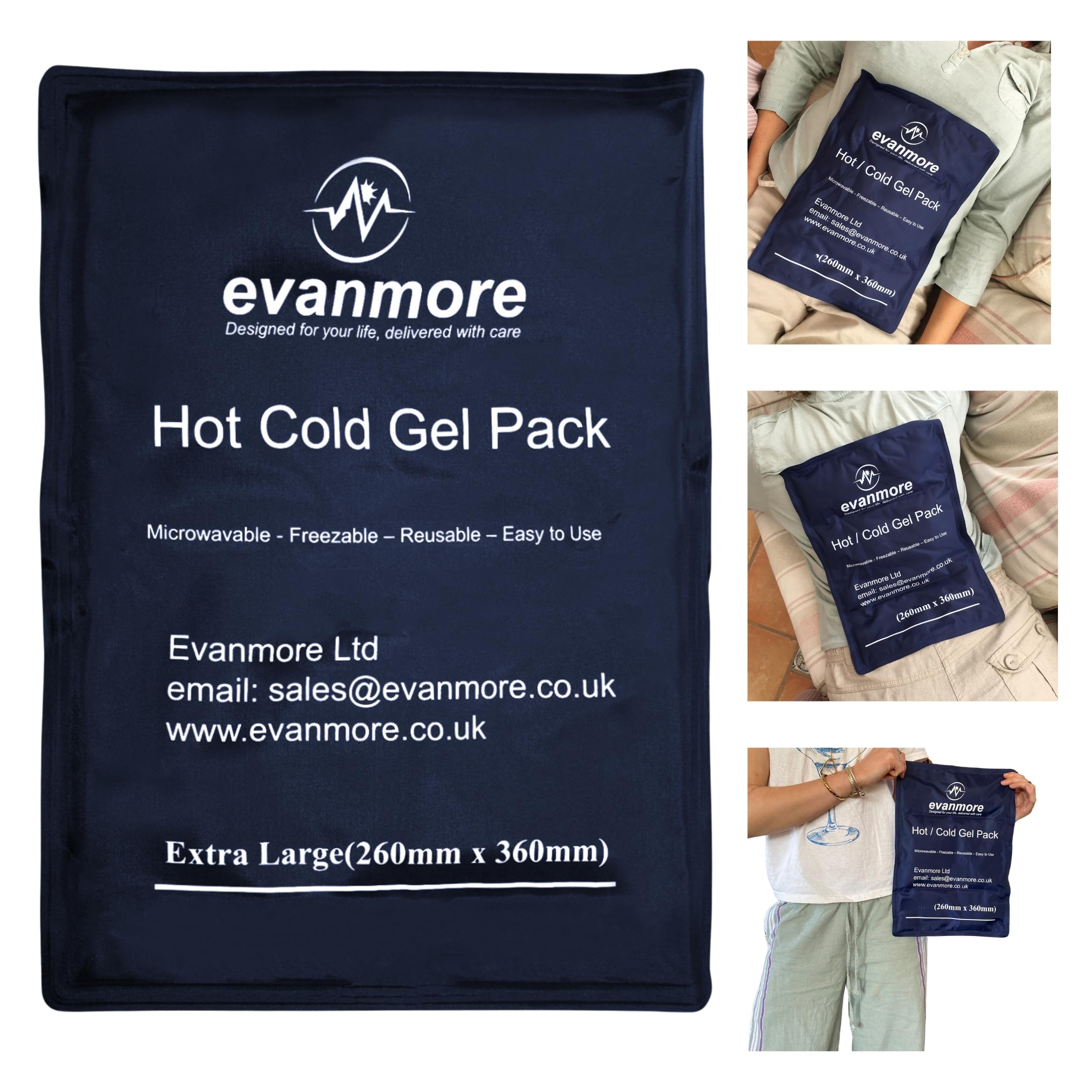 Extra Large Reusable Hot Cold Gel Pack - Evanmore XL Easy to use Flexible Long Lasting, Microwaveable Freezable Back Backache Shoulder Waist Wrap Pain Relief Ice Heat Therapy Compress 26 x 36cm