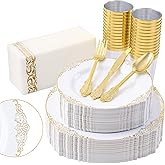 Fijinhom 350pcs Gold Plastic Plates, Elegant Disposable Dinnerware Set, 125 Pieces, White and Gold, Plates, Cups, Cutlery and Napkins (Gold, 50 Guests)