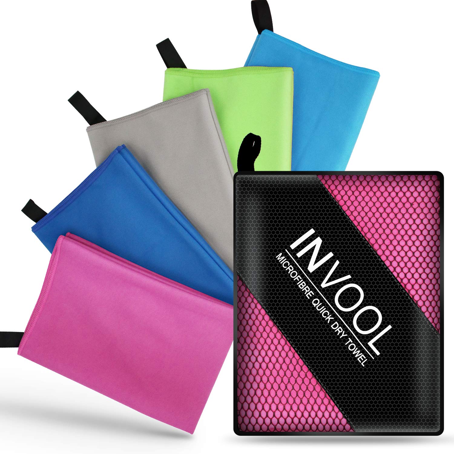 Invool Microfiber Towel, 5 colours with carry bag - Quick Dry Towel for Travel, Camping, Fitness, Beach, Vacation, Fast Drying and Absorbent