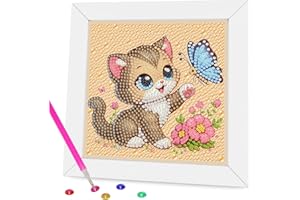 Gemozaic Diamond Art Kits for Kids with Frame, Cute Cat Diamond Art for Kids Ages 4-6-8 for Gift Home Wall Decor (7x7inch)