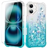Ruky for iPhone 16 Glitter Case with Screen Protector, Sparkle Flowing Liquid Quicksand Soft TPU Protective Girls Women Phone Cover, Gradient Teal
