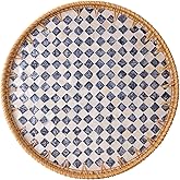 Round Rattan Tray with Mother of Pearl Inlay, Rattan Serving Tray with Wooden Base, Decorative Wicker Basket for Table Decor, Storage and Display of Coffee Bread Food Fruit (Checkerboard 11.8")