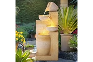 USSerenaY 4-Tier Outdoor Indoor Water Feature Fountain, 32" H Indoor Cascading Waterfall with 3 LED Lights, Floor Standing Garden Fountain for Garden, Deck, Backyard, Patio, Yard (Yellow)
