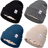 FEQO 4 Pack Satin Lined Beanie Hats Soft Silk Lined Beanies Knit Warm Cuffed Hats for Women Men