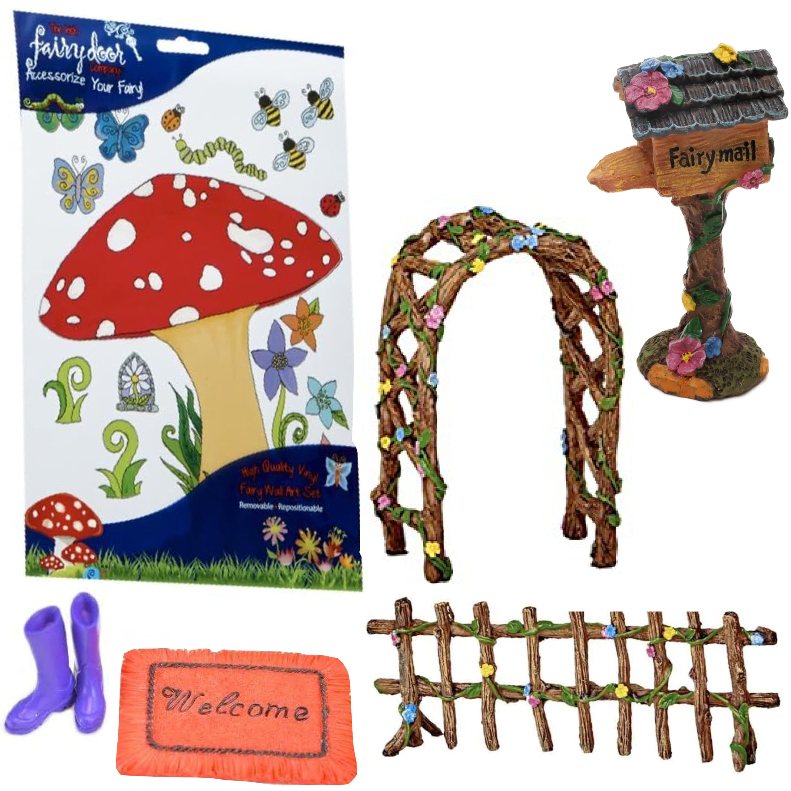 Toyland® 5 Piece Fairy Garden Decorative Accessory Set & 1 Pack of Stickers - Miniature Fairy Accessories
