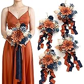 Ling's moment Artificial Bridesmaid Bouquets Set of 4,Terracotta Wedding Flower Bouquets Navy Blue Floral Bouquet Bridal Bouquets with Ribbon,Ceremony,Anniversary,7-inch Diameter