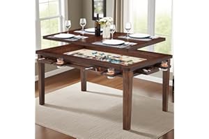 Haddockway 63" ×39“ Board Game Table with Removable Top, Solid Wood Dining/Gaming Table for 4-6 Players with Play Mat, 6 Detachable Cup Holders & 6 Hobby Trays (Warm Walnut)