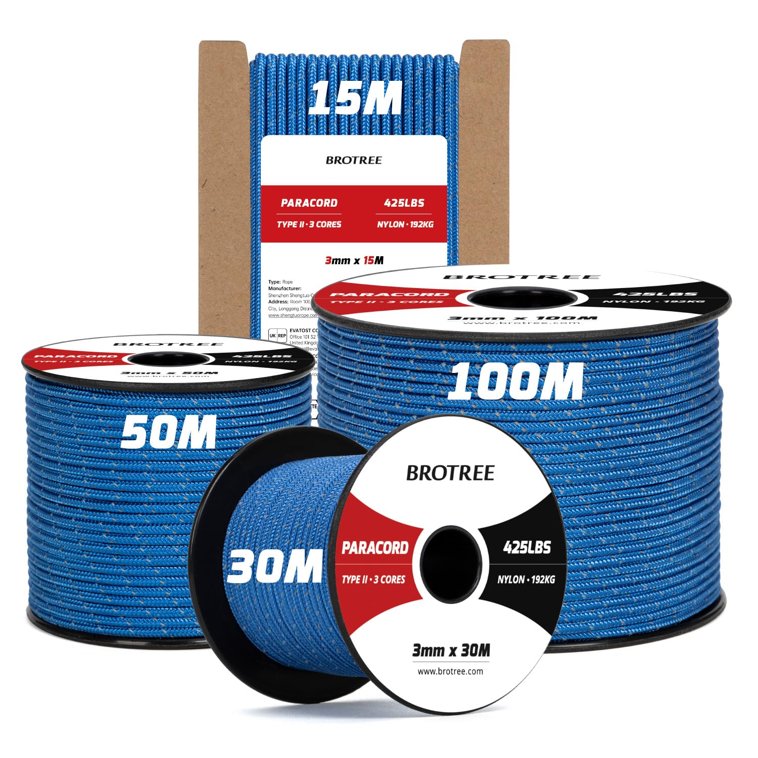 Brotree 3mm Paracord 425 100% Nylon 100M Rope 3 Strands Type II Parachute Cord for Outdoor, Craft, DIY - 192kg Breaking Load (Reflective Dark Blue)