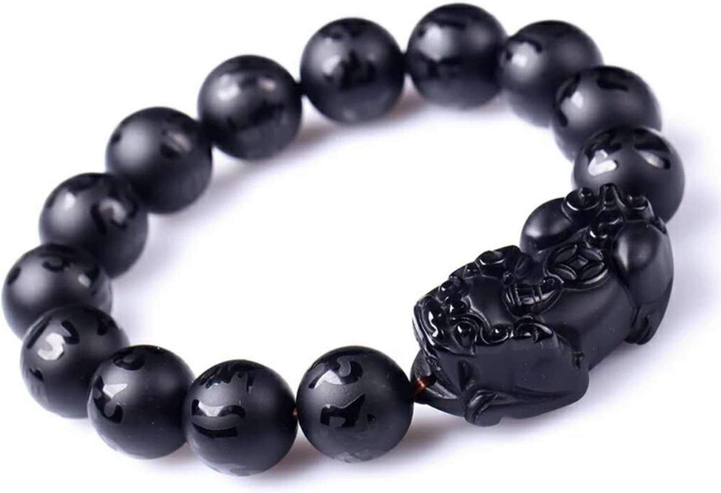 ReikocrystalbeadsNatural Scrub Obsidian Stone Beads Stretch Bracelet With Pixiu mantra Gemstone