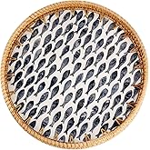 Tynulox Round Rattan Tray with Mother of Pearl Inlay, Rattan Serving Tray for Coffee, Bread, Fruits, Decorative Wicker Tray for Table Decor, Home Decor, Kitchen Island Decor (Dark Blue Fish, 11.8")