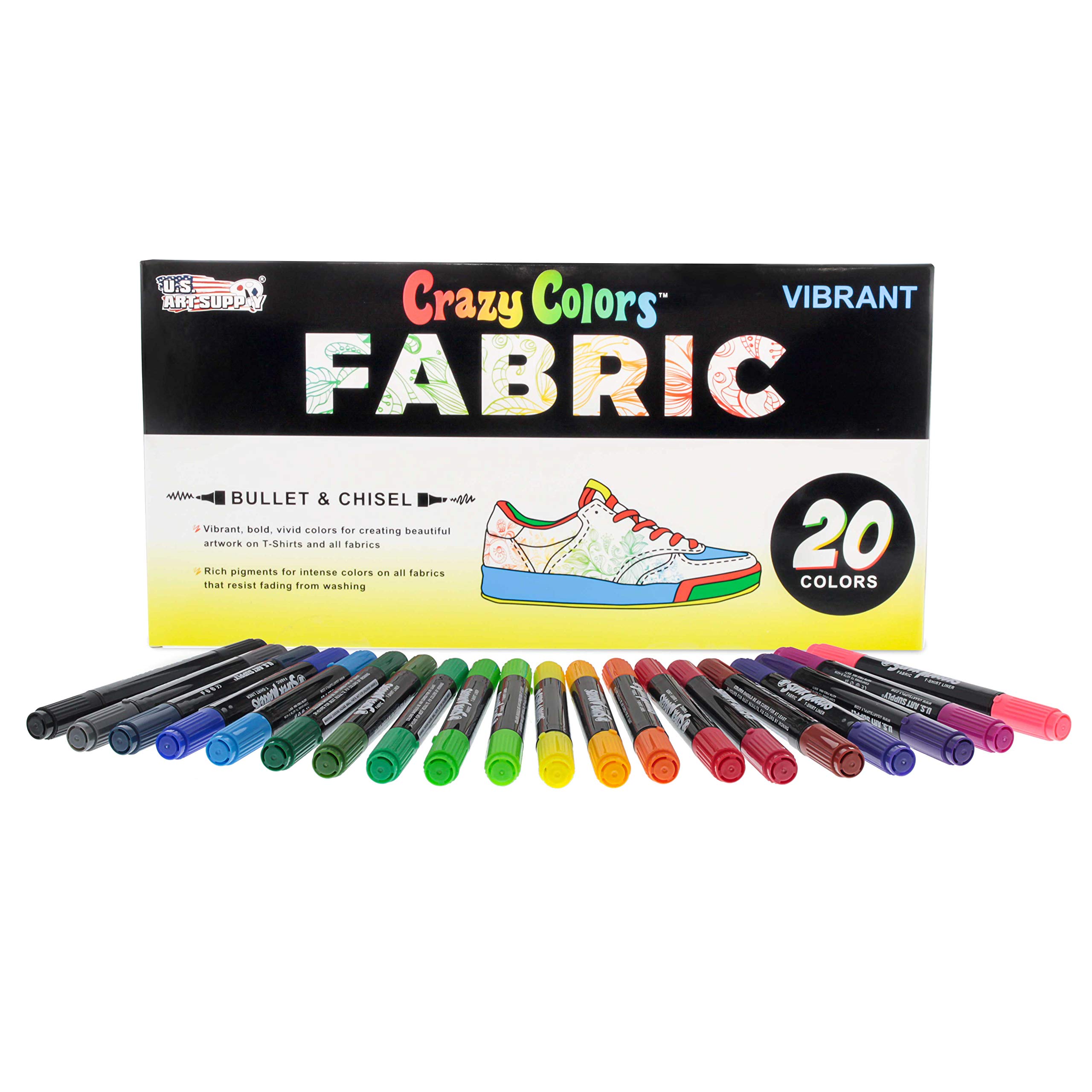 U.S. Art Supply Super Markers 20 Unique Colors Dual Tip Fabric & T-Shirt Marker Set-Double-Ended Fabric Markers with Chisel Point and Fine Point Tips - 20 Permanent Ink Vibrant and Bold Colors