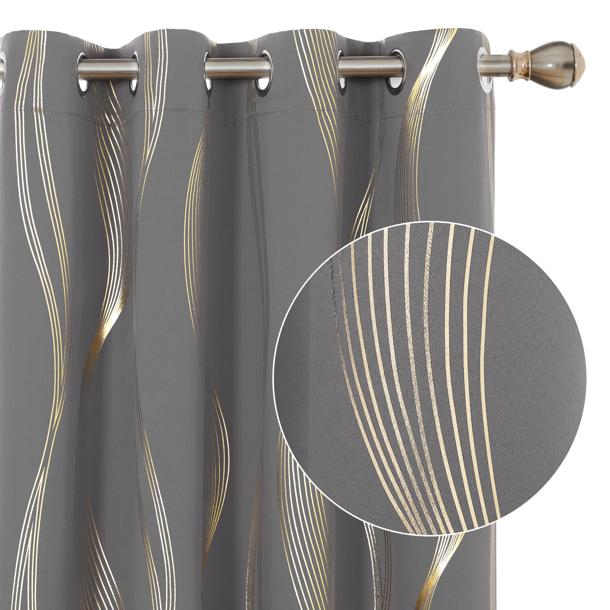 Deconovo Blackout Eyelet Curtains Thermal Insulated Gold Wave Line Foil Printed Curtains for Bedroom 66x90 Inch Light Grey 2 Panels