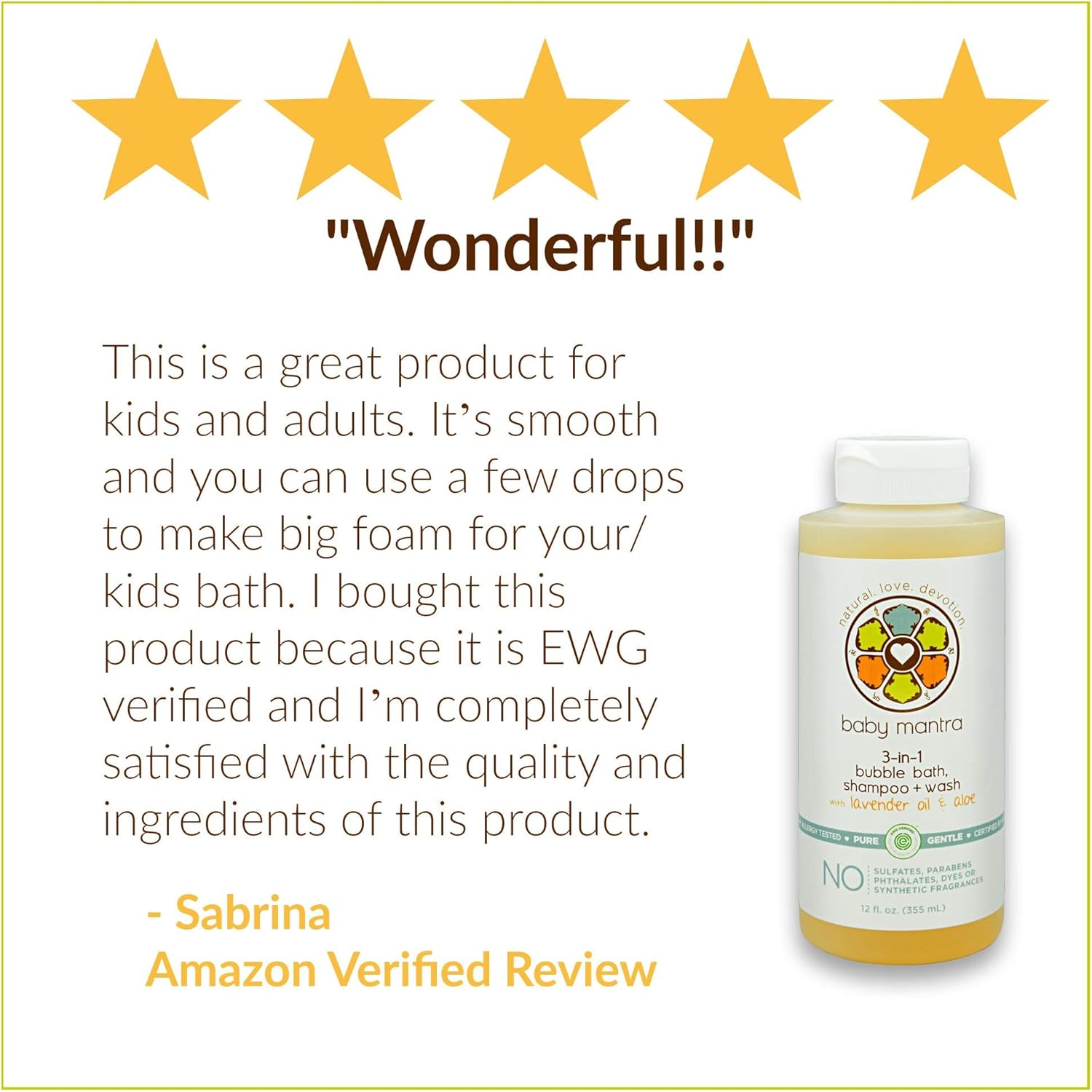 Baby Mantra 3-in-1 Bubble Bath, Shampoo and Body Wash made with Natural, Hypoallergenic, & EWG Verified Ingredients for Infants, Toddlers, and Kids with Sensitive Skin, 12 Fluid Ounces: Health & Personal Care